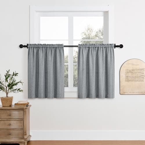 Home Queen Water Resistant Bathroom Window Curtains, Waffle Textured Half Tier Curtains for Kitchen, 28 W X 24 L Inches, Charcoal - Thumbnail 6