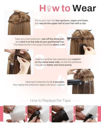Moresoo Tape in Human Hair Extensions 20 Inch Highlighted Hair Extensions Tape in Light Brown Highlighted with Blonde Glue in Extensions Invisible Glue in Extensions Real Hair #P9A/60 20pcs 50g - Thumbnail 5