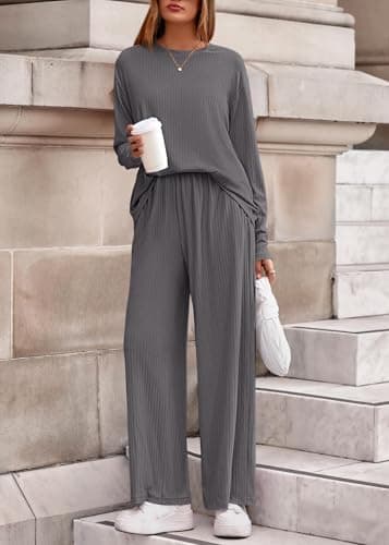 KIRUNDO Spring 2 Piece Lounge Sets for Women Long Sleeve Ribbed Knit Tops Wide Leg Pants Matching Travel Outfits Postpartum(Dark Grey, X-Large) - Thumbnail 4