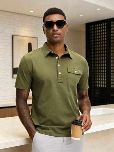 JEMLDL Short Sleeve Polo Shirts for Men Summer Quick Dry Stretch Slim Fit Golf Shirt with Pocket 4 Button Placket Olive L - Thumbnail 3