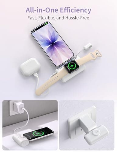 RORRY PalmGo Portable Charger, 10000mAh PD 22.5W Fast Charging Mini Power Bank with Built-in USB C Connector, 3-in-1 Battery Pack for iPhone 17/16/15 Pro/Max, Apple Watch Ultra/11/10/SE, iPad, White - Thumbnail 6