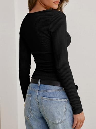 ANRABESS Womens Cowl Neck Long Sleeve Shirts,Soft Ribbed Knit Crop Tops with Side Ruched,Casual & Going Out Tshirts for Fall Black Large - Thumbnail 4