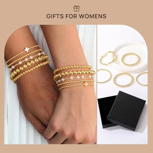 Yoosteel Gold Beaded Bracelets Set for Women - Valentines Gifts for Her Kids 14k Gold-Plated Dainty Round Bead Cross Pearl Bracelet for Women Teenage Girl Gifts Stackable Bracelet Jewelry 5 PCS - Thumbnail 6