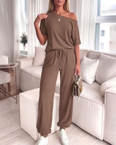 Zenlonr Women Summer 2 Piece Outfits 2026 Off Shoulder Short Sleeve Tops Elastic Waist Drawstring Long Pants Tracksuit(Dark Khaki,Small) - Thumbnail 2
