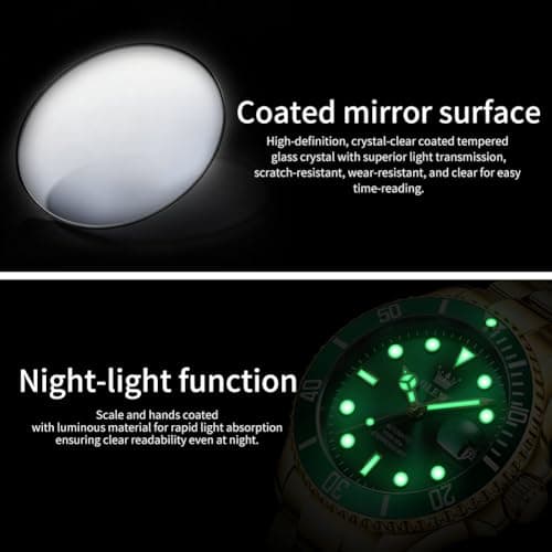 OLEVS Watch Men Gold Green Face Luxury Automatic Self Winding Analog Waterproof Wrist Watches for Men Casual Mechanical Luminous Stainless Steel Dress Mens Watches - Thumbnail 6