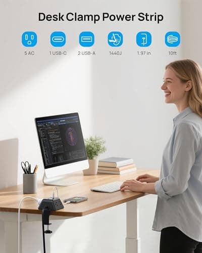 Desk Clamp Power Strip, Surge Protector with 5 AC Outlets and 3 USB Ports, Desk Mount Charging Station, Fit 1.97in Tabletop Edge Thick, Extension Cord 10FT for Home Office Gaming Accessories, Black - Thumbnail 2