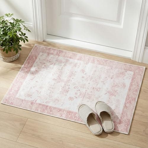 Cnythlis Washable Distressed Area Rug 2'x3' - Non-Slip Silicone Backing Door Mat for Entryway Bathroom - 0.26" Low Pile Water Resistant Faux Wool Rug for Vintage Farmhouse Accent, Pink & White - Thumbnail 2
