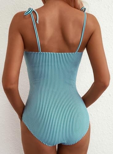 Herseas Women One Piece Swimsuit Striped High Cut Adjustable Tie Shoulders Stretchy Push Up Tummy Control Bathing Suit Romantic Beach Vacation Essentials Light Green Stripe X-Large - Thumbnail 2