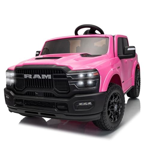 KerryYoo SQ7 Licensed RAM 24V Ride On Truck for Kids, 2 Seater Electric Car with Parent Remote Control, Spring Suspension, Seat Belts, Storage Bed, LED Lights, Music - Pink