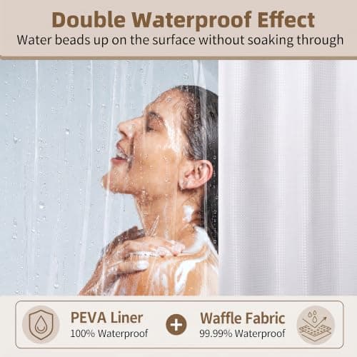 Siiluminisoy Shower Curtain with Liner, Waffle Shower Curtain Set with 12 Stainless Steel Hooks, Waterproof, Machine Washable, Luxury Fabric Shower Curtains for Apartment, White, 72" W x 72" H - Thumbnail 3