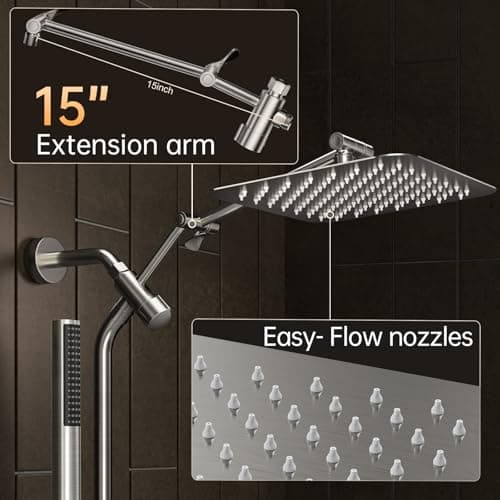 Veken 10" Luxurious Brushed Nickel All Metal Rain Shower Head with Handheld Spray Combo, High Pressure Rainfall Square Shower Heads with Extension Arm, Wide Dual Showerhead, Bathroom Accessories - Thumbnail 4