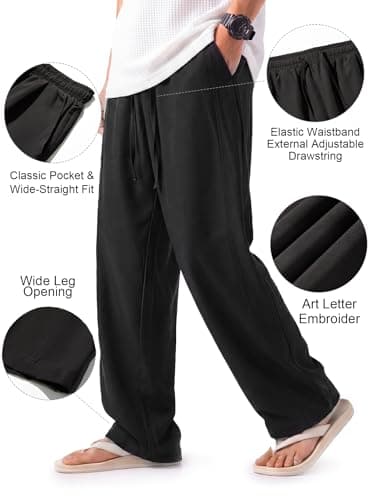Areant Mens Lightweight Summer Pants Baggy Loose Fit Breathable Casual Sweat Pants Elastic Waist Drawstring for Beach Vacation Lounge Black Small - Thumbnail 4