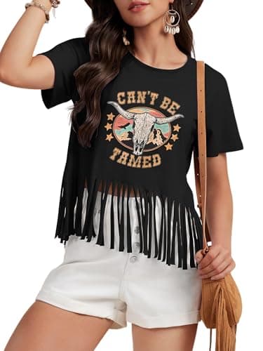 Womens Western Shirt Rodeo Wild West Vintage Cowgirl Graphic Tees Cow Bull Short Sleeve Fringe Tassel Top (L) - Image 1