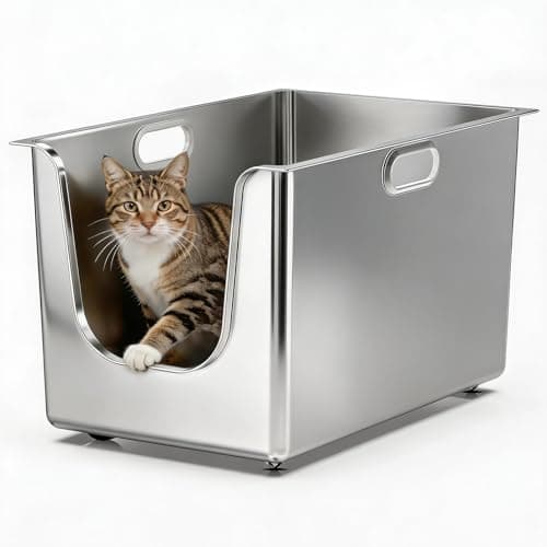 Stainless Steel Litter Box 11.8'' High Sides, XL Metal Cat Litter Box with Curved Low Entry, Cat Litter Pan for Big & Multiple Cats, Pet Toliet with Handy Wheels for Easy Moving - Image 1