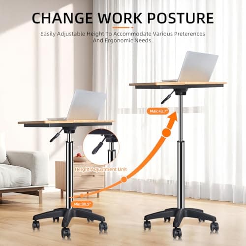 wishacc Rolling Desk Adjustable Height, Mobile Standing Desk on Wheels, Small Portable Sit Stand Laptop Cart, Wood Computer Desk with Cup Holder for Home Office (Extra Large) - Thumbnail 5