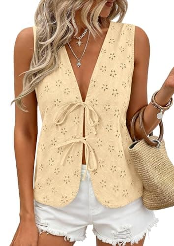 PRETTYGARDEN Women 2026 Summer Tie Front Eyelet Tank Tops Trendy Floral Vest Sleeveless V Neck Dressy Blouse Vacation Outfits (Beige Yellow,Small) - Image 1