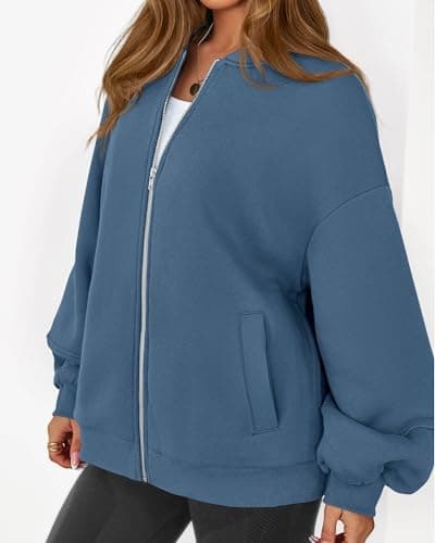 KIRUNDO Oversized Sweatshirt for Women Zip Up Bomber Jacket 2026 Fall Fashion Casual Long Sleeve Outerwear Winter Outfits(Blue, Small) - Thumbnail 3