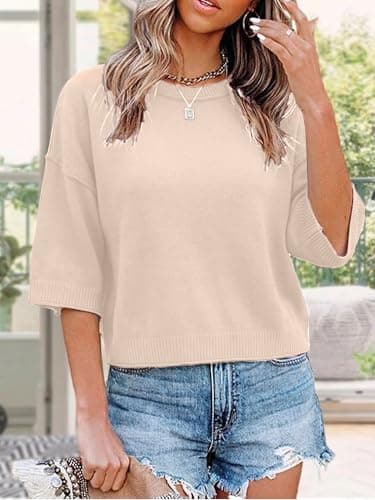 LaGracia Sweater for Women Summer Short Sleeve Oversized Cropped Sweaters Casual Crewneck Lightweight Knit Tops Light Apricot S - Thumbnail 3