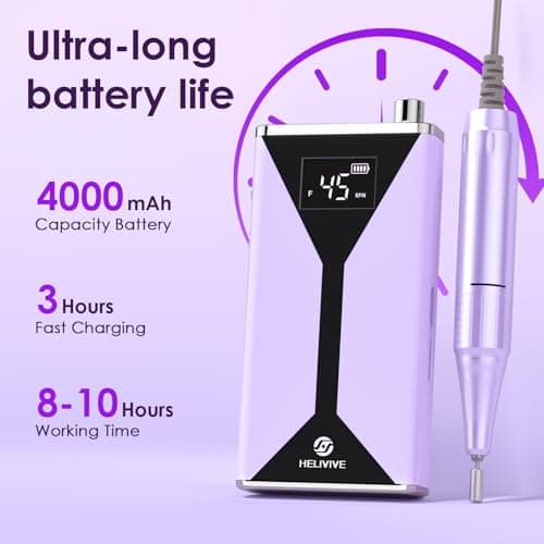 HELIVIVE Professional Electric Nail Drill 45000RPM (Portable & Rechargeable) (with 11 Drill Bits ) Cordless Nail File Machine for Shaping, Polishing & Removing Gel Nails for Salon Home(Purple) - Thumbnail 3