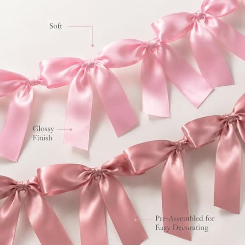 Pink Bow Garland Banner Coquette Birthday Party Decorations, 5.9FT Satin Bow Banner Decorations for Baptism Gift Daughter Nursery Baby Bridal Shower Wedding Favors Engagement Party Supplies - Thumbnail 3