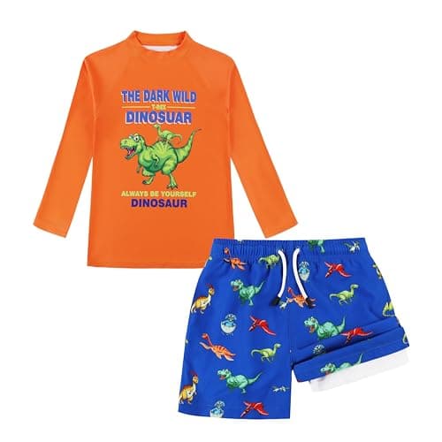 Toddler Kids Boys Swim Trunks with Compression Liner and Rash Guard Set Size 3T UPF 50+ Sun Protection Blue Orange Dinosaur