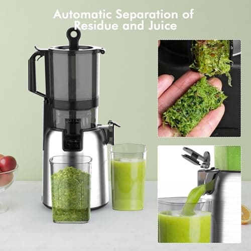 Kismile 300W Cold Press Juicer, 5.4" Wide Feed Chute, Slow Masticating Juicer Machines Vegetable and Fruit, Electric Juicers Juice Maker with Reverse Function, Stainless Steel Juicer Easy to Clean - Thumbnail 3