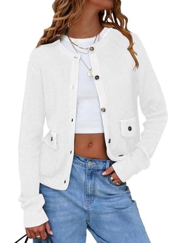 EXLURA Womens 2025 Knit Cardigan Sweaters Spring Fall Crewneck Open Front Button Jacket Fashion Outerwear Coats with Pockets White - Image 1