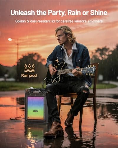 Metfut Karaoke Machine for Adults with 2 Wireless Microphones & Guitar Input, Professional Bluetooth 5.3 Speaker, Portable Wooden Karaoke PA System with Bass/Treble Adjustable for Backyard, Home Party - Thumbnail 4