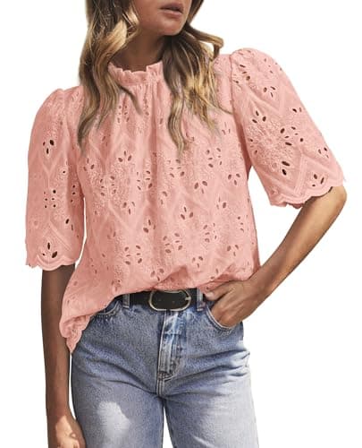 PRETTYGARDEN Summer Tops for Women 2026 Short Sleeve Embroidered Eyelet Shirts Dressy Casual Blouses Spring Fashion Clothes(Pink,Small) - Image 1