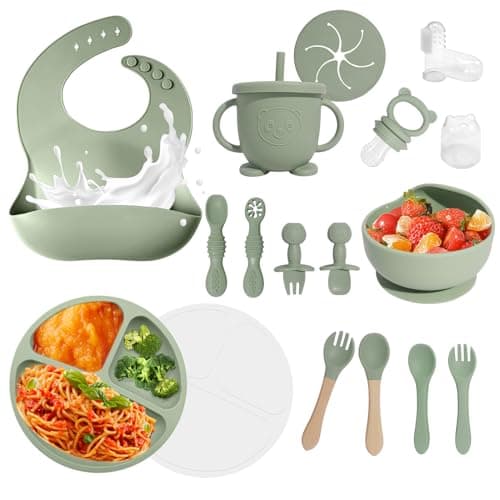 Baby Led Weaning Supplies, 17 Piece BPA-Free Silicone Feeding Set, Eating Essentials Baby Utensils with Suction Plate and Bowl, Pocket Bib, Sippy Cup with Lid, for 6+ Months, Green - Image 1
