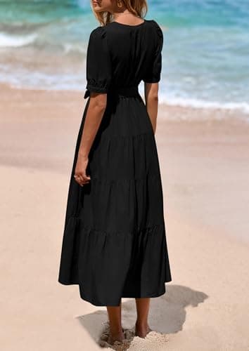 PRETTYGARDEN Summer Dresses for Women 2026 Elegant Classy Short Sleeve V Neck Ruffle A Line Belted Long Beach Vacation Dress (Black,X-Large) - Thumbnail 2
