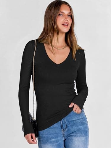 ANRABESS Women's Long Sleeve Deep V Neck Tops Black Medium - Thumbnail 6