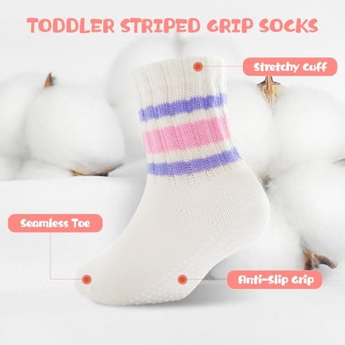 BISOUSOX Toddler Socks with Grips, Seamless Cotton Non-Slip Crew Baby Boy Girl Grippy Socks for 0-5T Walking, Crawling - Thumbnail 5