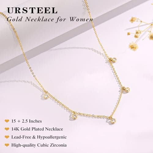 Ursteel 14K-Gold-Plated Cubic Zirconia Necklace for Women, Dainty 14K-Gold-Plated Necklace for Women Non Tarnish Station Necklaces Choker Cubic Zirconia Necklaces Wedding Prom Bridesmaids Gifts - Thumbnail 6