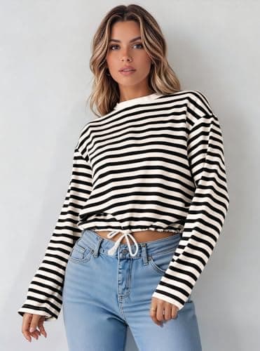 MONCCIZA Womens Long Sleeve Sweatshirt Oversized Striped Crewneck Pullover Going Out Crop Tops Casual Outfits Black - Thumbnail 3