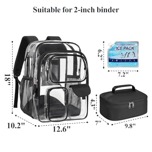 PACKISM Clear Backpack with Small Insulated Lunch Bag and Ice Pack - 18 Inch Extra Large Heavy Duty Bookbag with 3 Front Pockets, See Through PVC Transparent Backpacks for School, Black (Age 12+) - Thumbnail 3