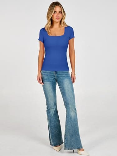 ANRABESS Women's Short Sleeve Double Lined Tops Built in Bra,Royal Blue,L - Thumbnail 6