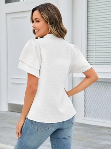 Bellcoco Tops for Women Summer Trendy Ruffle Sleeve Boho V Neck Blouses Cute Flowy Short Sleeve Swiss Dot Shirts(White,Medium) - Thumbnail 4