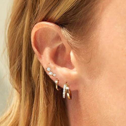 Small Gold Hoop Earrings for Women Dainty Gold Earrings| 14K Gold Plated Hypoallergenic Stud earrings Set| Cartilage Earrings for Multiple Piercing for Women (01-Gold-Moon) - Thumbnail 6