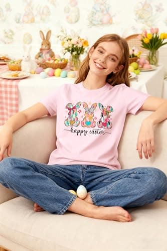 Easter Shirts for Women Funny Bunny Shirt Cute Rabbit Graphic T Shirt Happy Easter Casual Tshirt Short Sleeve Tops Pink - Thumbnail 5