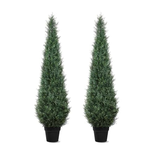 Artificial Trees for Outdoors, BUZIGUBY Artificial Cedar Topiary Trees, 5FT Topiary Trees Artificial Outdoors for Porch, Dense Arborvitae Tree for Front Door Patio Deck Balcony Yard Decor, 2 Pack