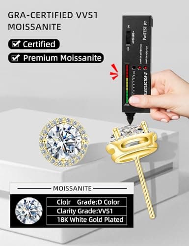 SAYATA Moissanite Halo Stud Earrings for Women & Men, 1.0-2.0ct, Hypoallergenic 925 Sterling Silver 14K Gold Plated Stud, VVS1 Round Lab-Created Moissanite Earrings (14K Gold, 2.0CT(1ct*2) - Thumbnail 6