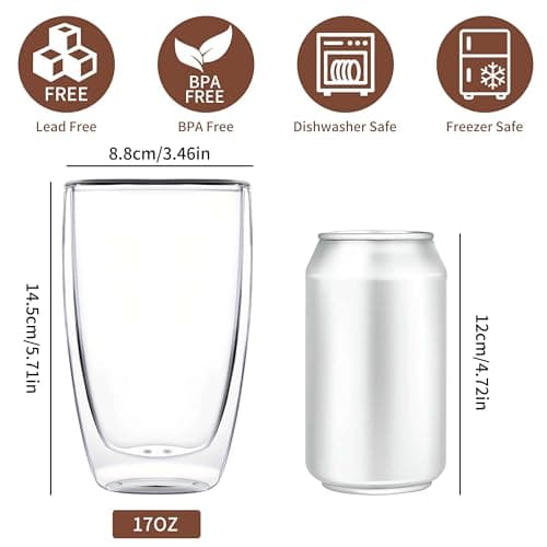 MESNEY 17oz Double Walled Glass Coffee Mugs, Insulated Clear Cappuccino Latte Glass Coffee Mugs for Home, Cafe & Restaurant, Durable Stackable Drinking Glasses - Thumbnail 2