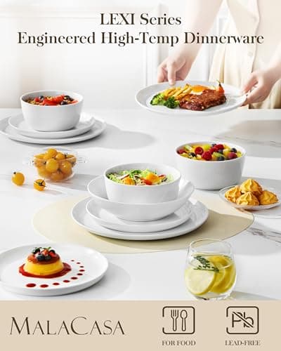 MALACASA 24 Pieces Gourmet Porcelain Dinnerware Sets, Premium Plates and Bowls Set, High-Fired Ceramic Dishes Set for 6, Chip & Scratch Resistant, Microwave Dishwasher Safe, White, Series LEXI - Thumbnail 3