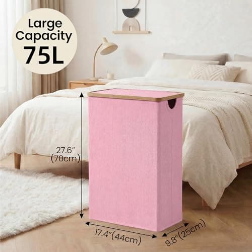 efluky Slim Laundry Basket with Lid, Narrow Laundry Hamper with Removable Bag, Skinny Dirty Clothes Basket with Bamboo Handles for Bathroom, Bedroom & Laundry Room, 75L Pink - Thumbnail 5