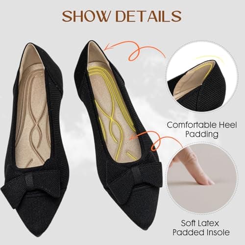 AHZEHRSE Women's Flats Shoes Ballet Flats Shoes for Women Dressy Work Slip On Comfortable Flats Classic Knit Pointed Toe Flats with Bow Black - Thumbnail 5