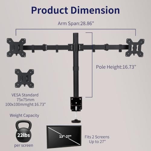 Livotica Dual Monitor Mount, Fully Adjustable Dual Monitor Stand for 13"-27" Screens, Holds Up to 22lbs Per Arm with C-Clamp & Grommet Base - Thumbnail 4