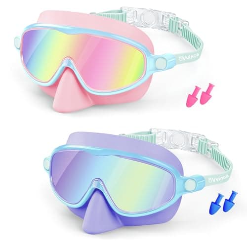Vvinca 2 Pack Kids Swim Goggles with Nose Cover, Wide View Anti-Fog UV Protection Swimming Mask for Boys Girls Ages 3-14, No Leak Pool Goggles for Toddlers