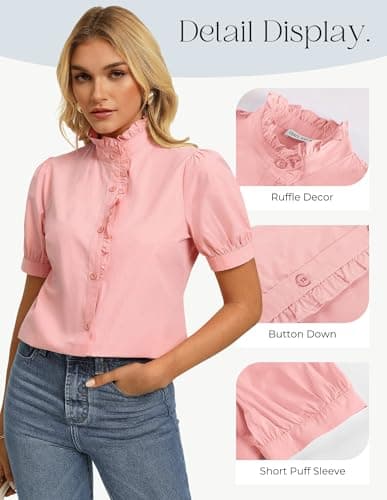 GRACE KARIN Women's 2026 Summer Short Sleeve Tops, Dressy Casual V Neck Blouses, Trendy Button Down Shirts Work Office Pink M - Thumbnail 4
