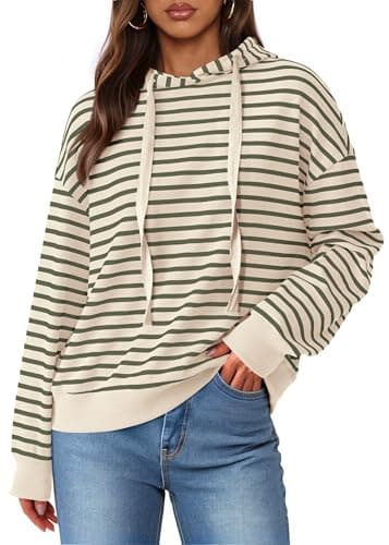 KIRUNDO Sweatshirt For Women Casual Loose Striped Long Sleeve Drawstring Hoodie Pullover Hooded Tops Fashion Clothing(Stripe Army Green Beige, Large) - Image 1